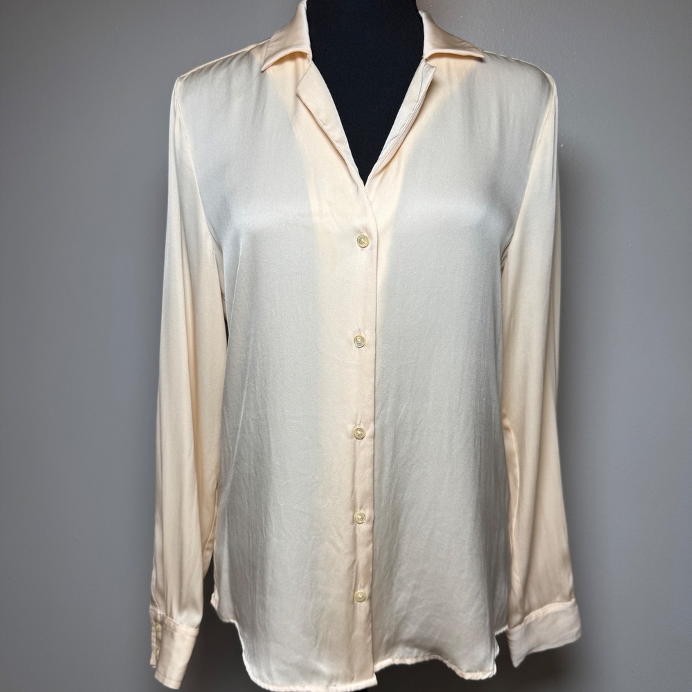 Quince Silk Stretch Button Down Shirt Peach Champagne Long Sleeve Blouse Small